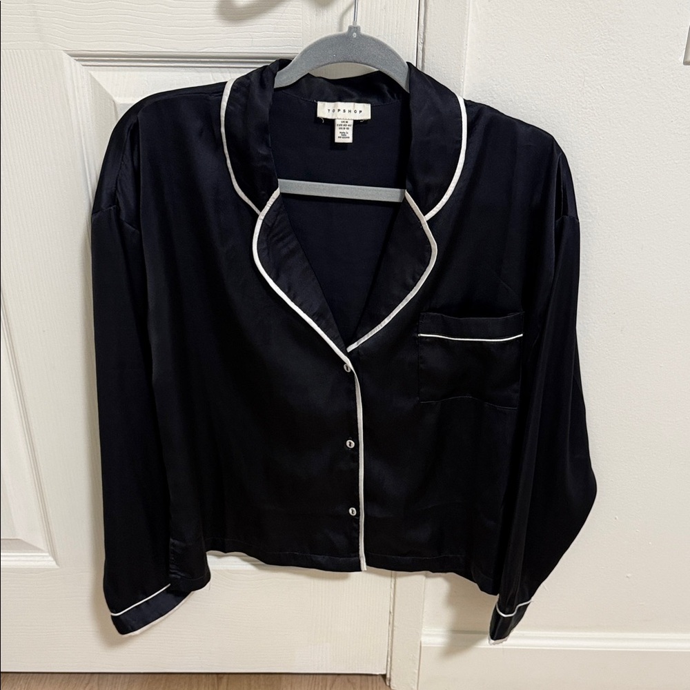 Topshop Blue Satin Pajama Shirt with White Trim